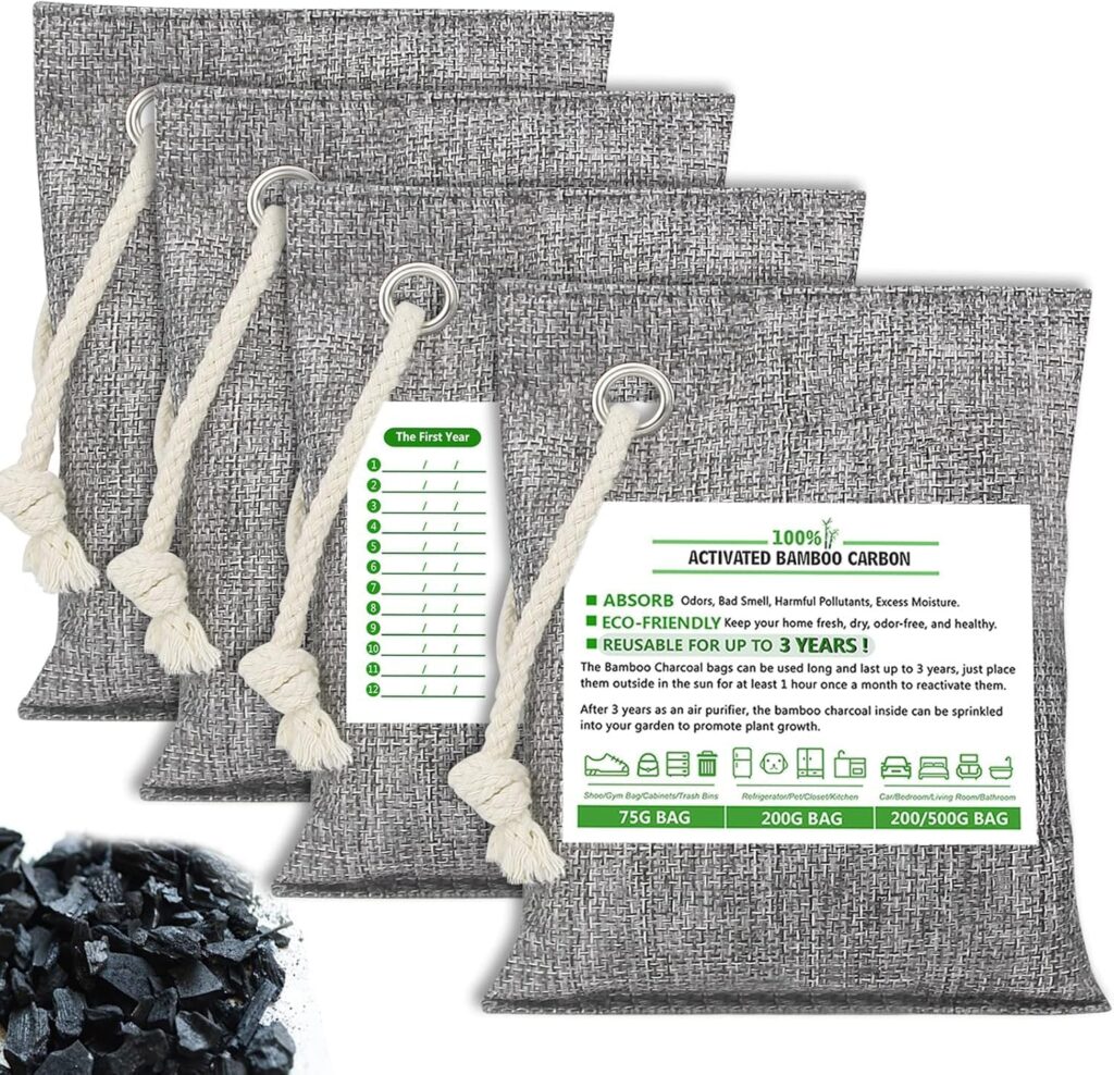 FLSEPAMB 4 Pack(4×200g) Bamboo Activated Charcoal Odor Absorber Bags