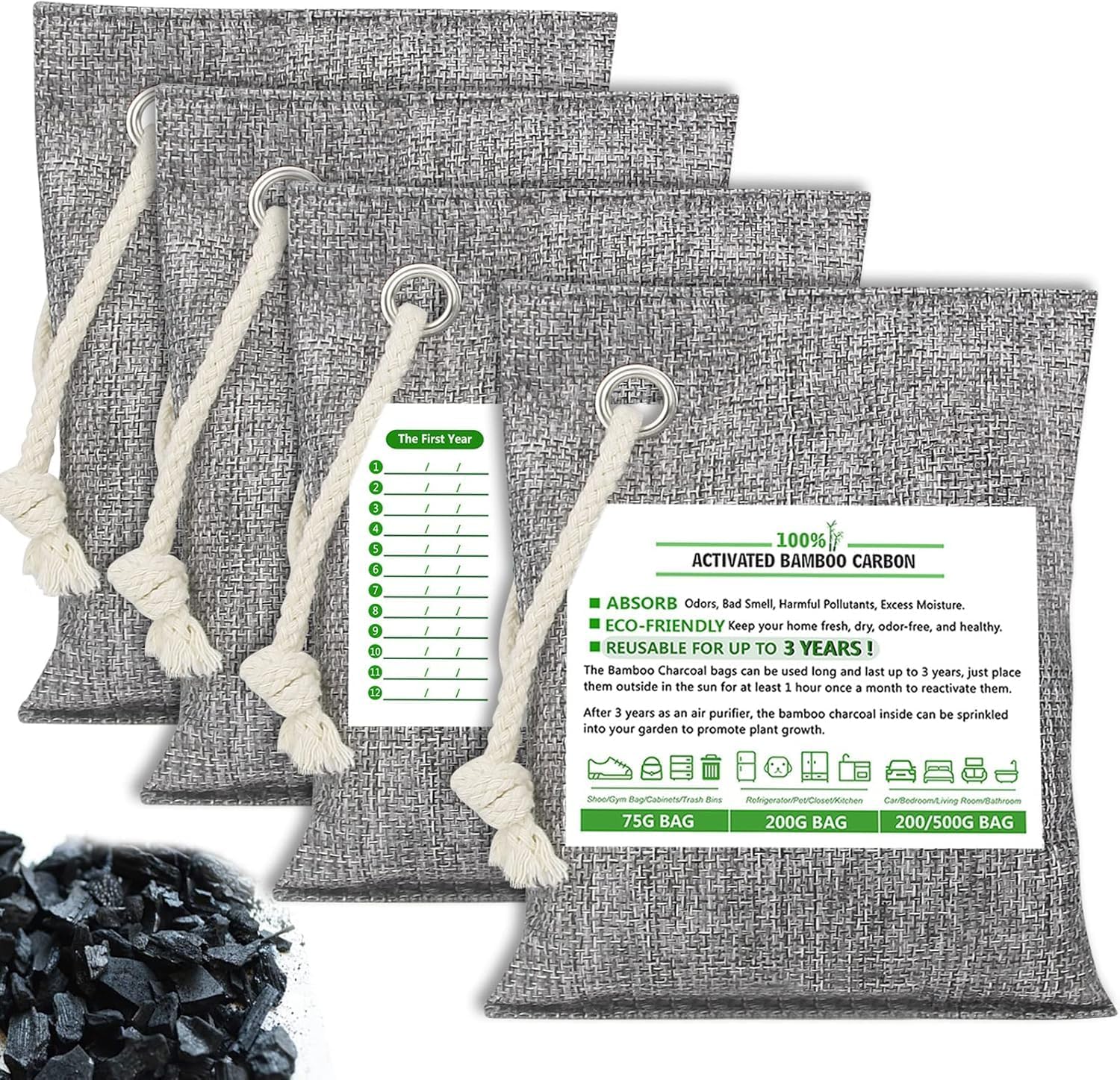 FLSEPAMB 4 Pack(4×200g) Bamboo Activated Charcoal Odor Absorber Bags